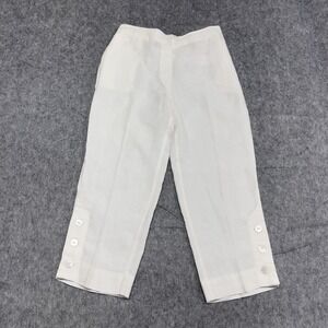 Chicos Pants Womens 4 White Linen Cropped Button Hem Pull On Casual Summer